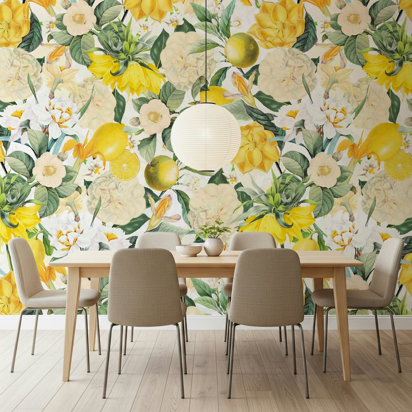 Headboard area showcasing the floral Lemon Bloom Garden Wall Mural.