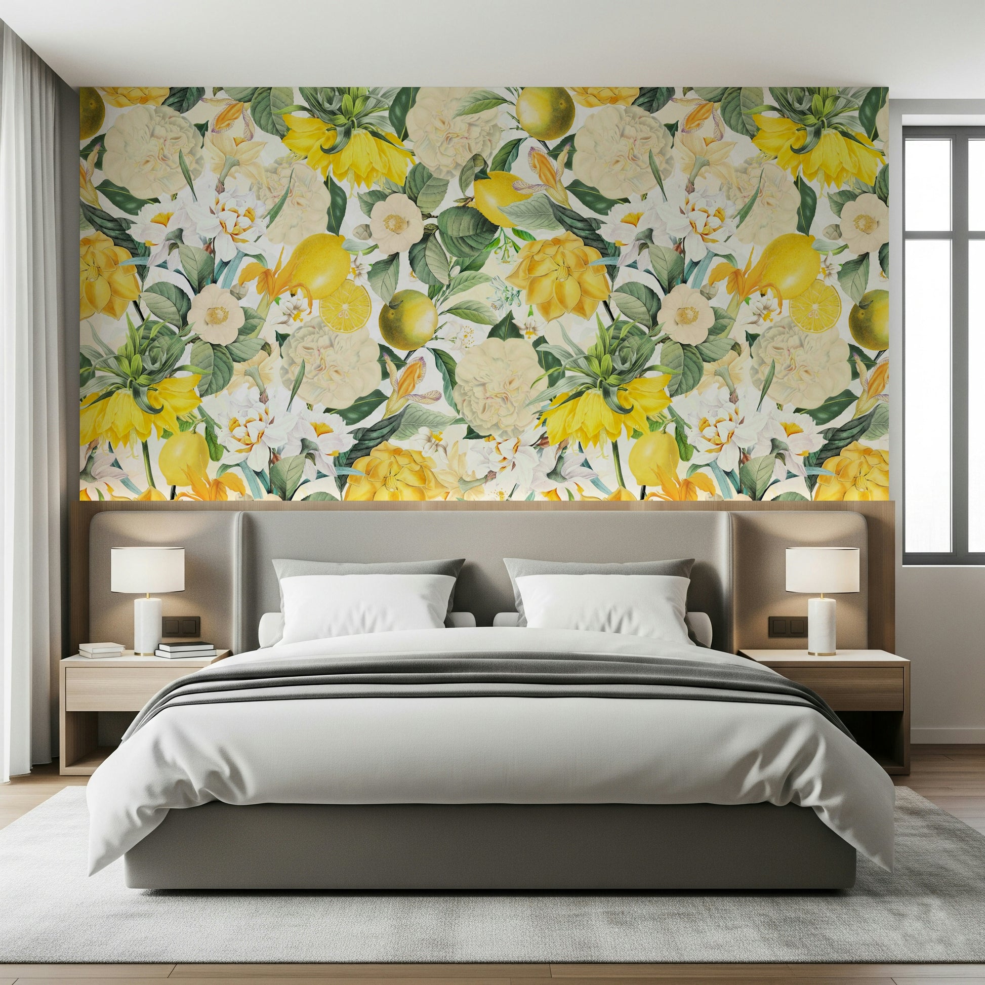 Horizontal scene of the refreshing Lemon Bloom Garden Wall Mural.