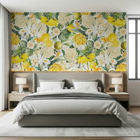 Horizontal scene of the refreshing Lemon Bloom Garden Wall Mural.