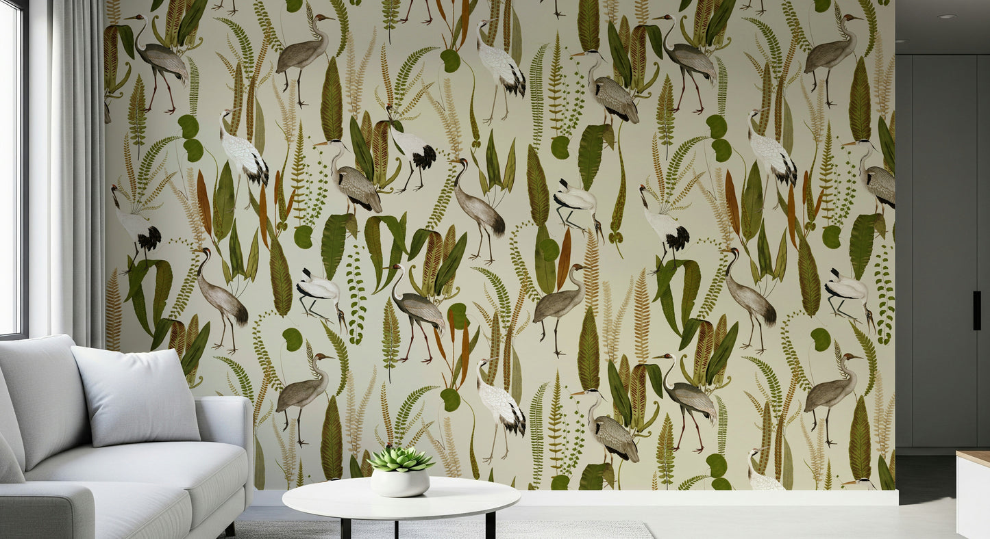 Crane birds and floral design on the Elegant Vintage Crane Garden Wall Mural.