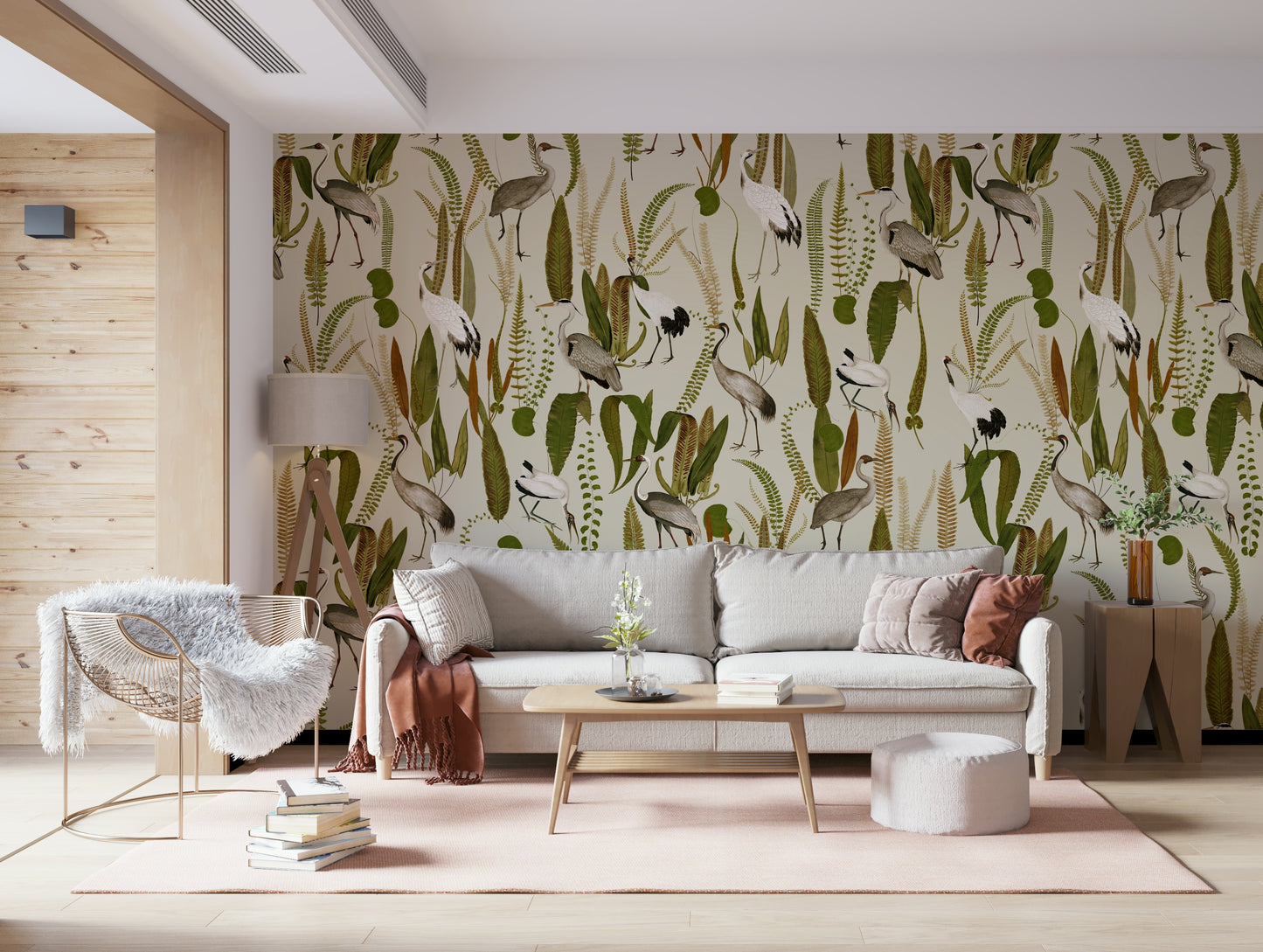 Peel and stick wallpaper called Elegant Vintage Crane Garden Wall Mural.