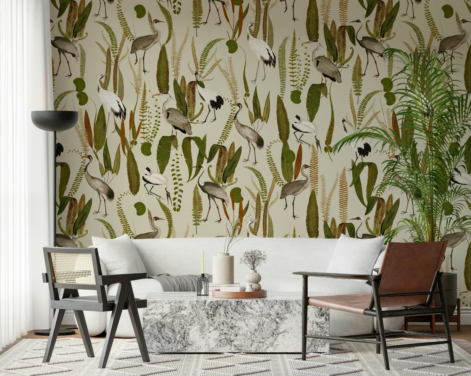 Accent wall featuring the inspiring Elegant Vintage Crane Garden Wall Mural.