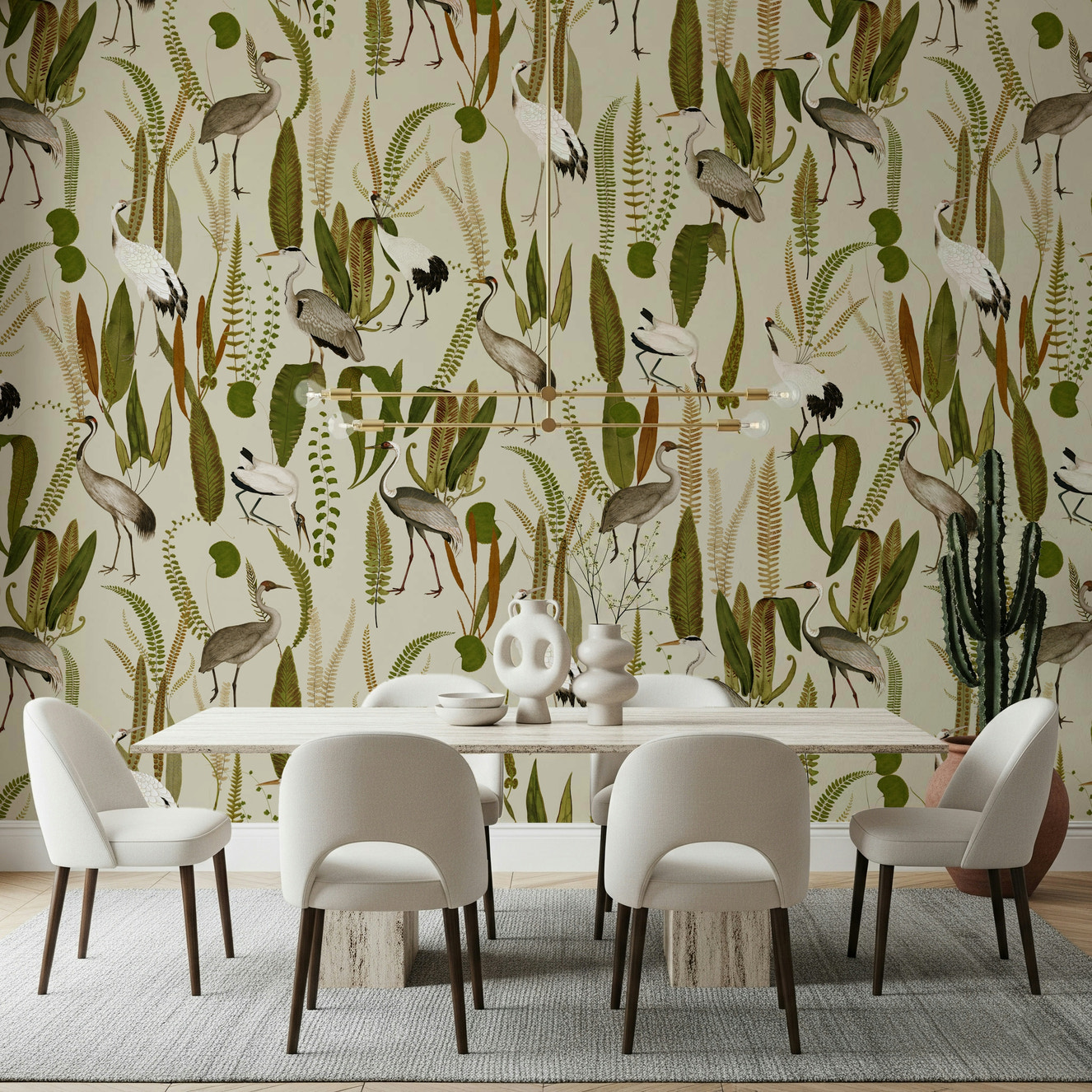 Elegant Vintage Crane Garden Wall Mural in a sophisticated dining room.