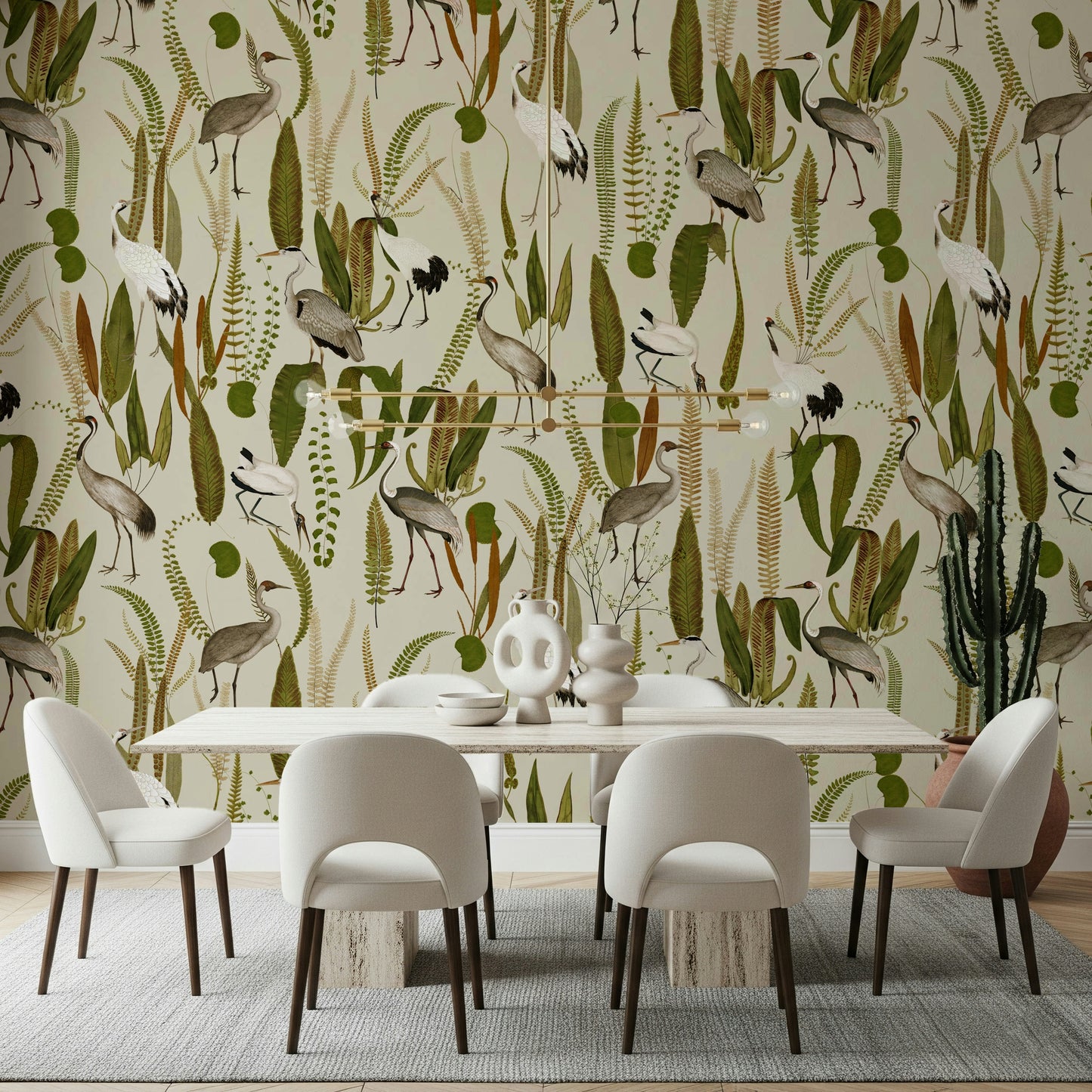 Elegant Vintage Crane Garden Wall Mural in a sophisticated dining room.