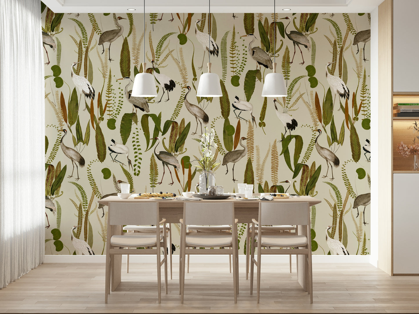 Interior space featuring the delicate Elegant Vintage Crane Garden Wall Mural.