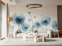 Headboard area showcasing the subtle Azure Dreams Dandelion Whispers Wall Mural.