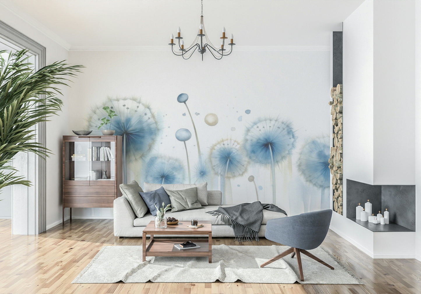 Accent wall featuring the ethereal Azure Dreams Dandelion Whispers Wall Mural.