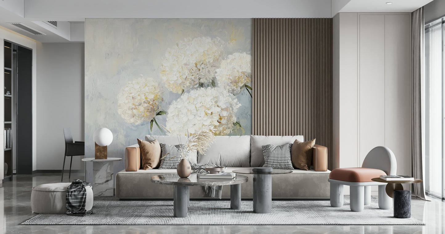 Sitting area featuring the calming Soft Bloom: Floral Impression Wall Mural.