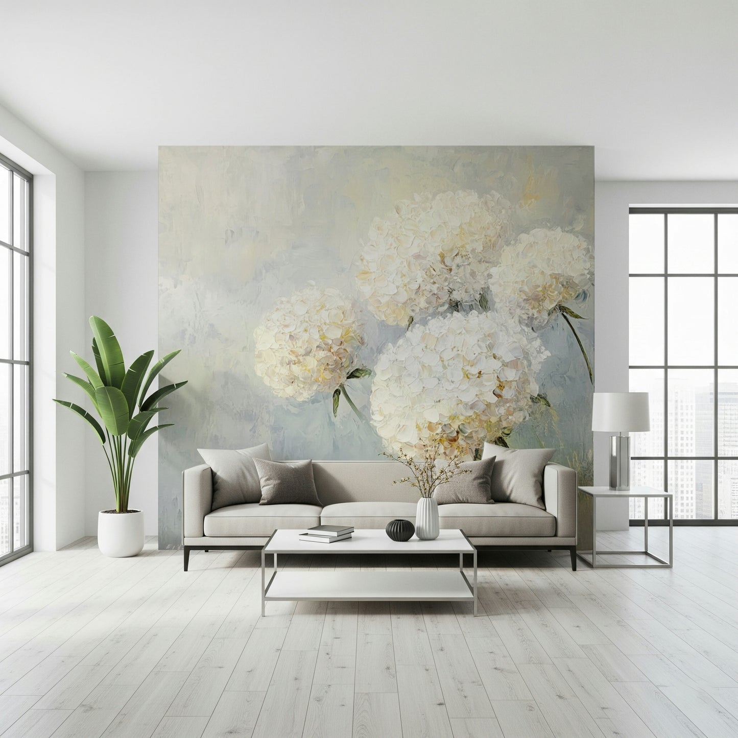 Feature wall accent using Soft Bloom: Floral Impression Wall Mural.