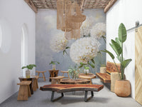 Headboard area showcasing the floral Soft Bloom: Floral Impression Wall Mural.