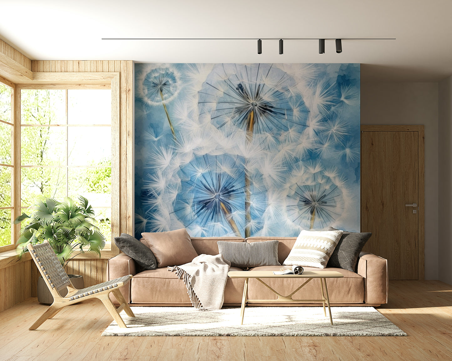 Gentle abstract floral design Dandelion Dreams Wall Mural adorning a calm hallway.