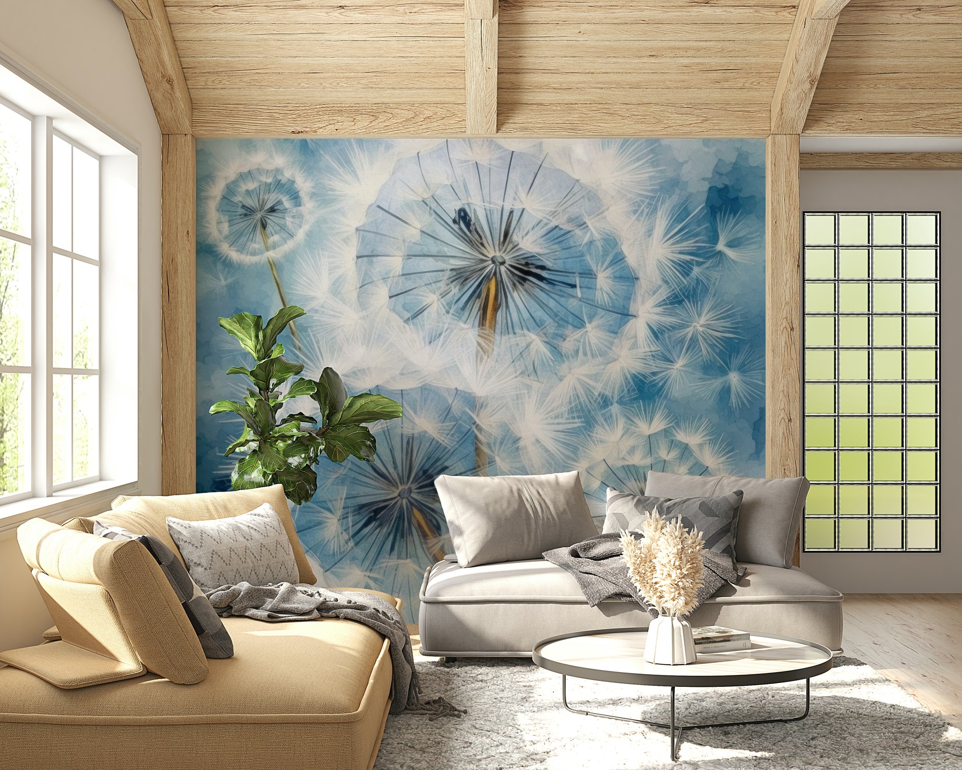 Delicate nature theme Dandelion Dreams Wall Mural brightening a sunlit study.