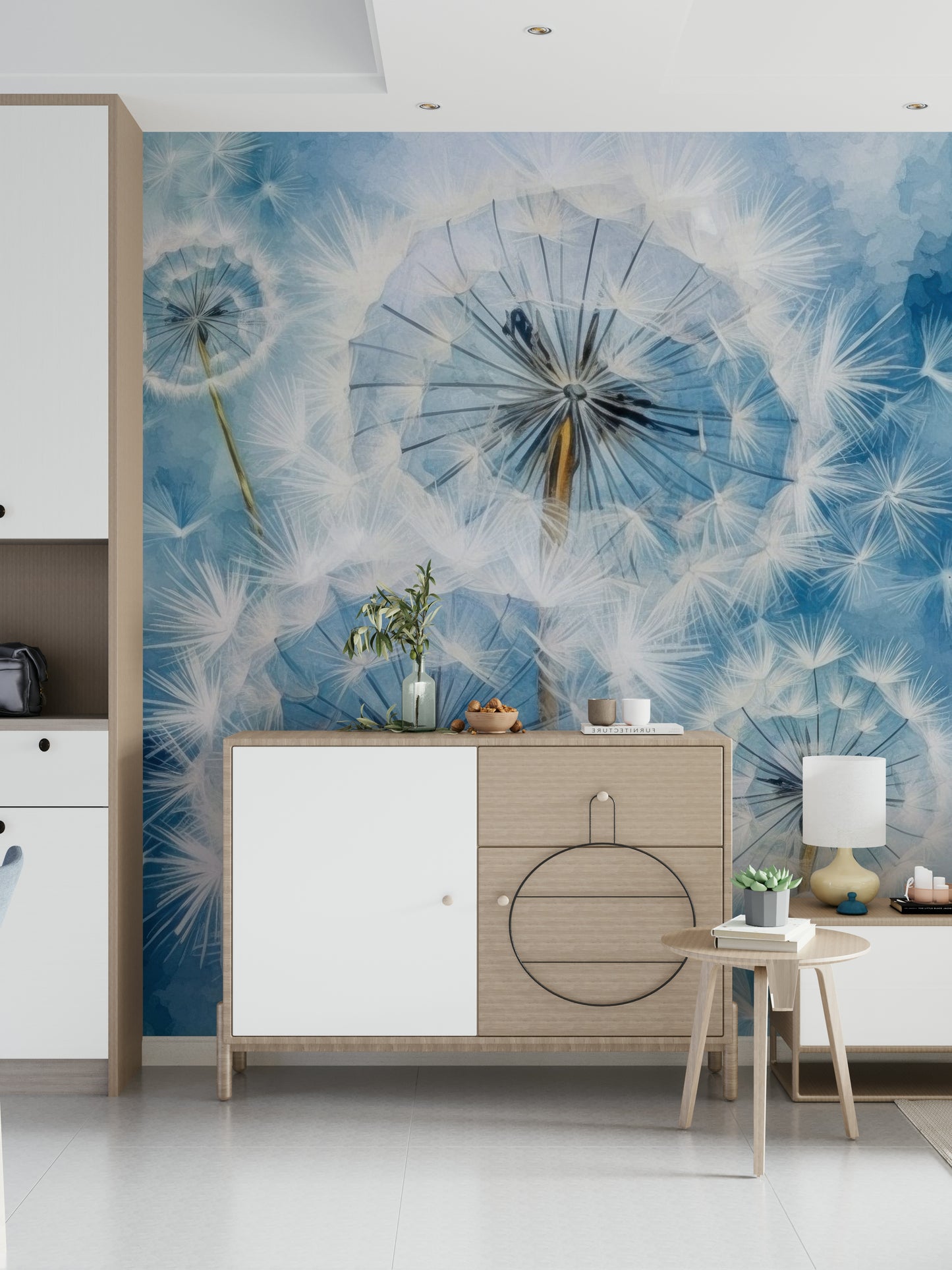 Stylized dandelion seed heads Dandelion Dreams Wall Mural enhancing a peaceful interior.