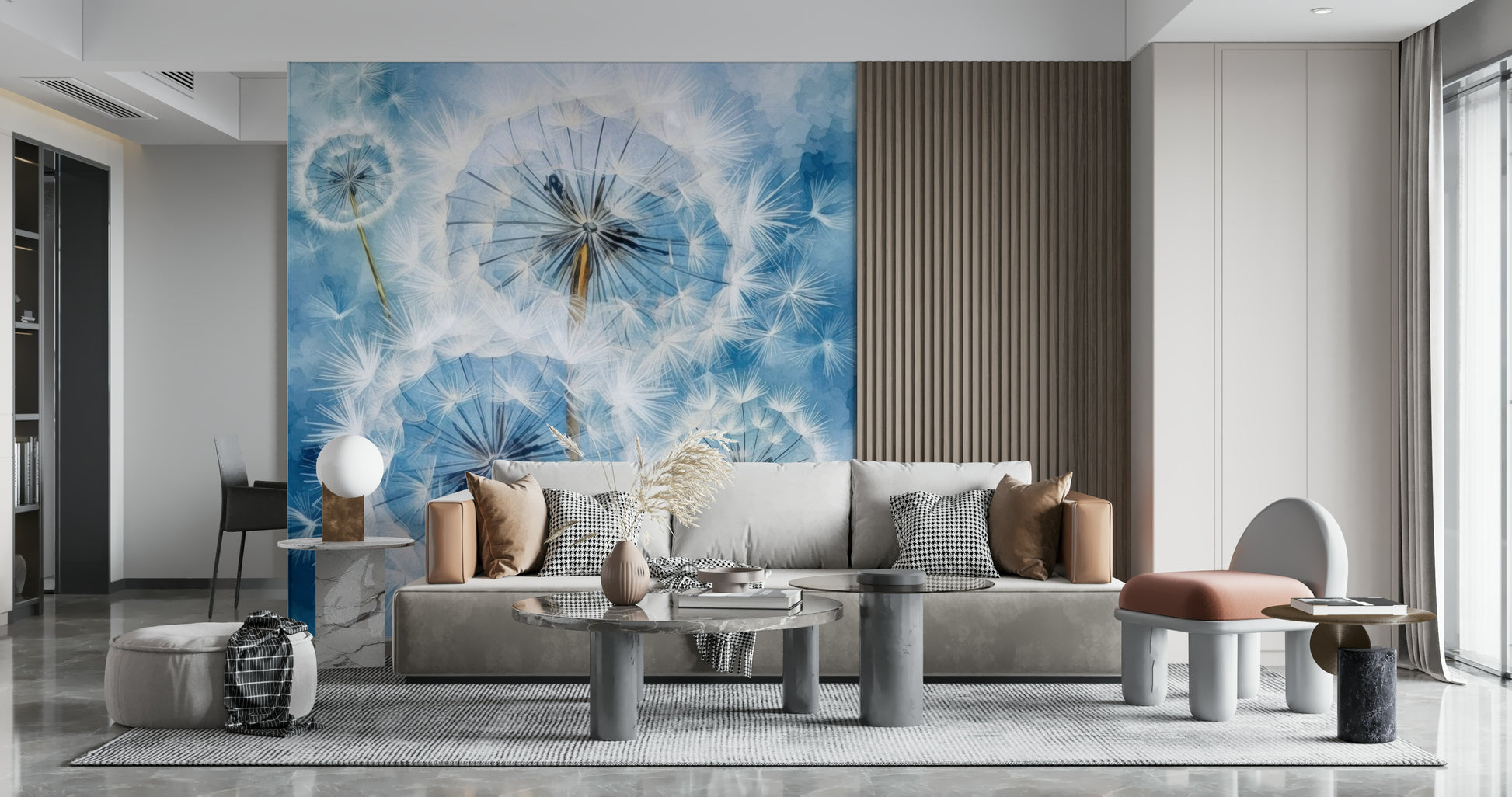 Oversized floral pattern Dandelion Dreams Wall Mural accenting a modern living area.