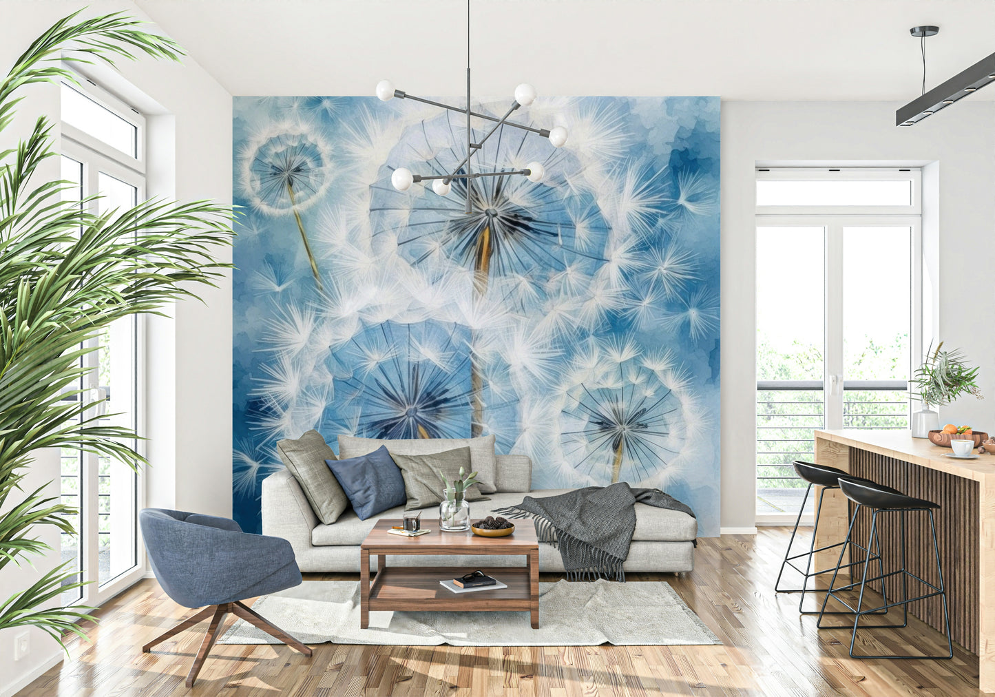 Inspiring wish theme Dandelion Dreams Wall Mural framing a window in a studio.