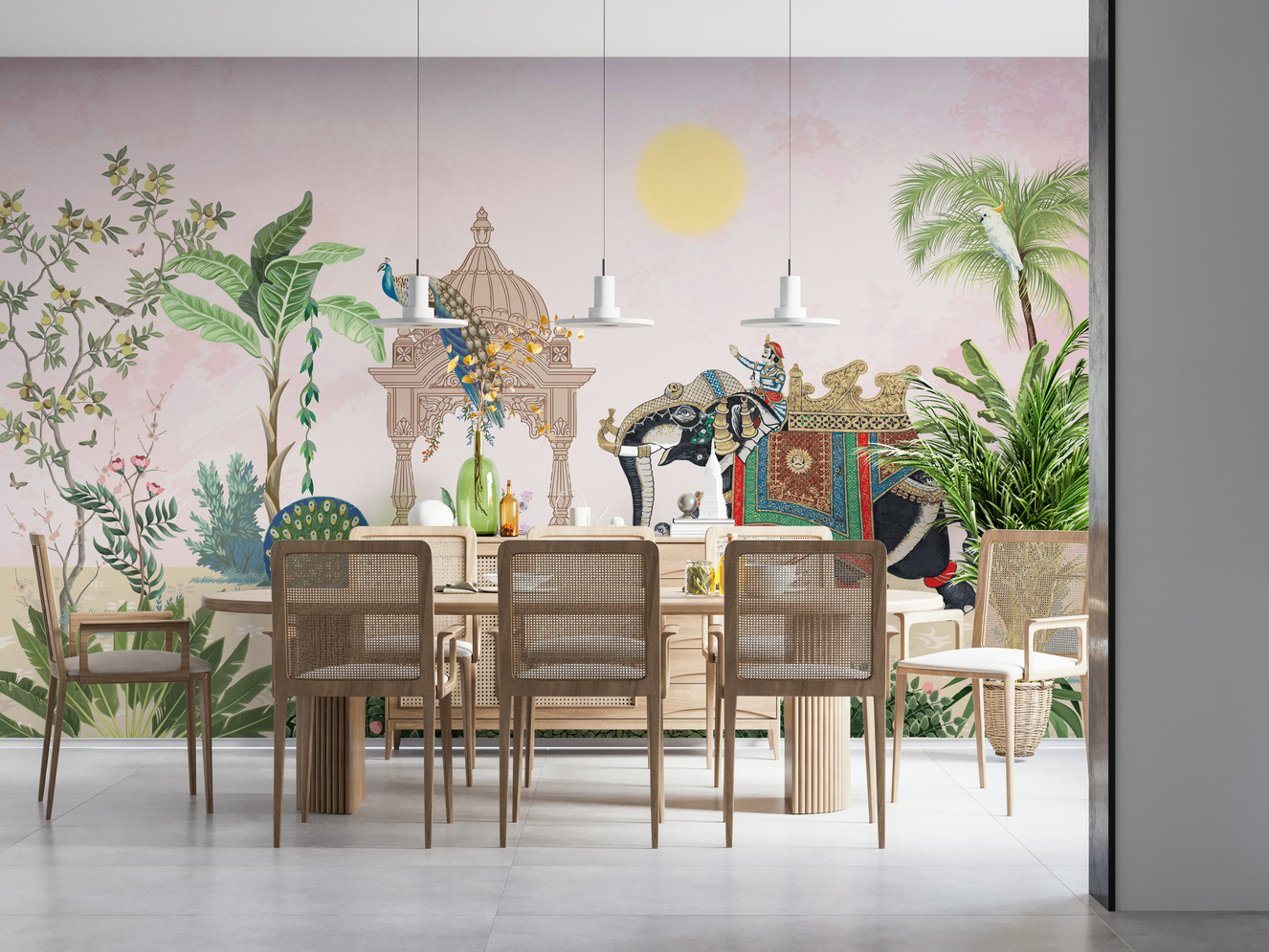 Bedroom headboard wall decorated with the Exotic Peacock Elephant Wall Mural.