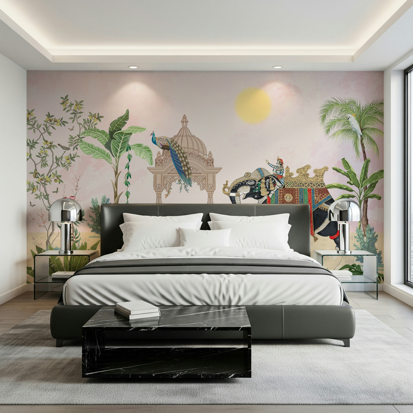 Luxurious dining space featuring the Exotic Peacock Elephant Wall Mural design.