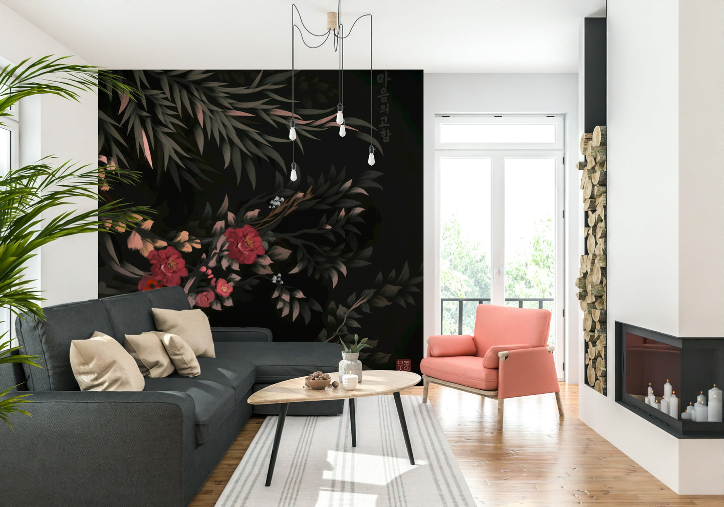 Office space featuring sophisticated Joseon style Floral folk painting Wall Mural pattern.