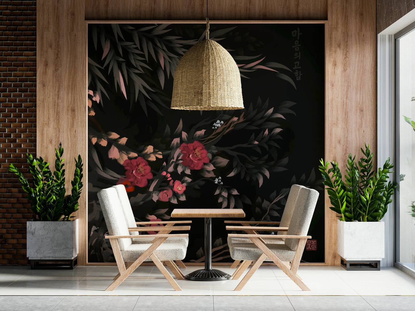 Bedroom accent wall, peaceful Joseon style Floral folk painting Wall Mural design.