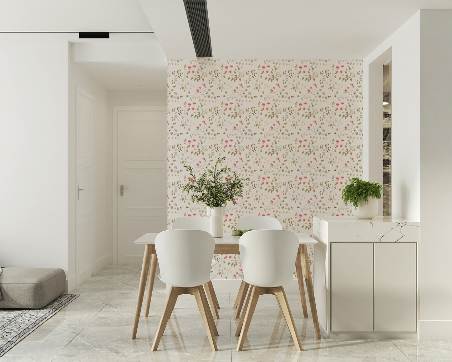 Installation of the self-adhesive peel and stick wallpaper Painterly Petals.