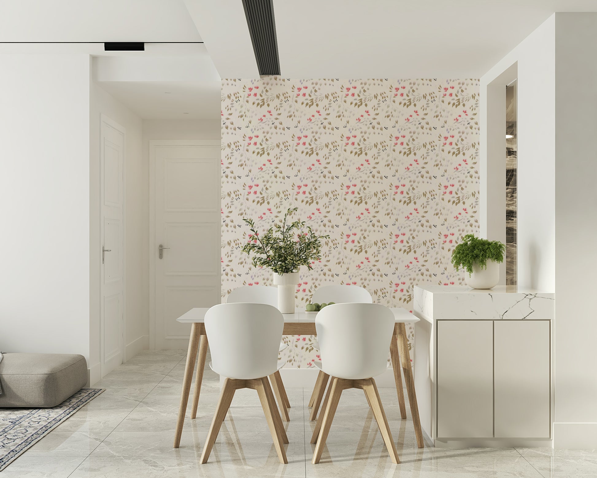 Installation of the self-adhesive peel and stick wallpaper Painterly Petals.