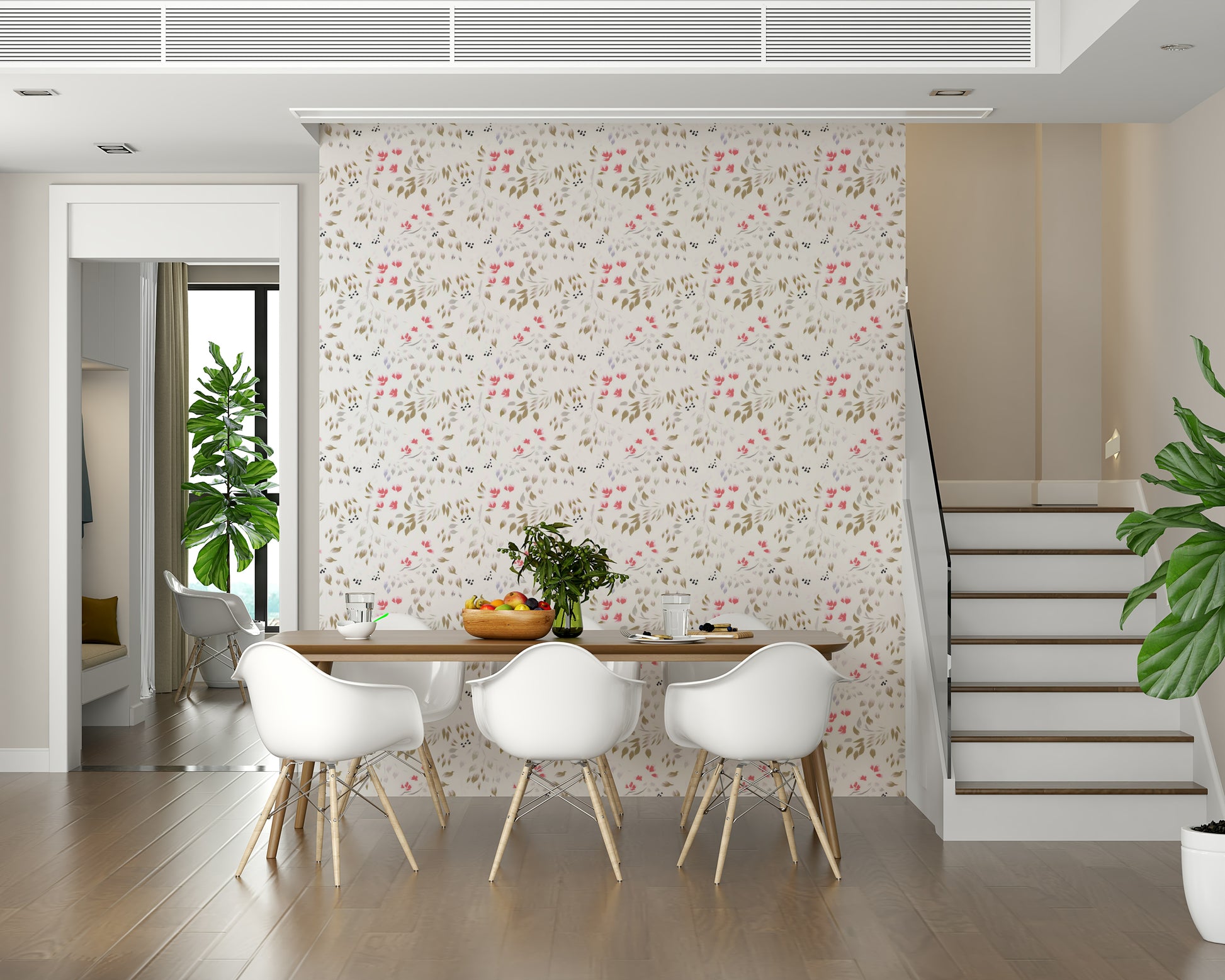 Dining area accent wall featuring the charming Painterly Petals Wallpaper pattern.