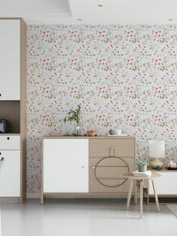 Living room feature wall showcasing Painterly Petals Wallpaper design.