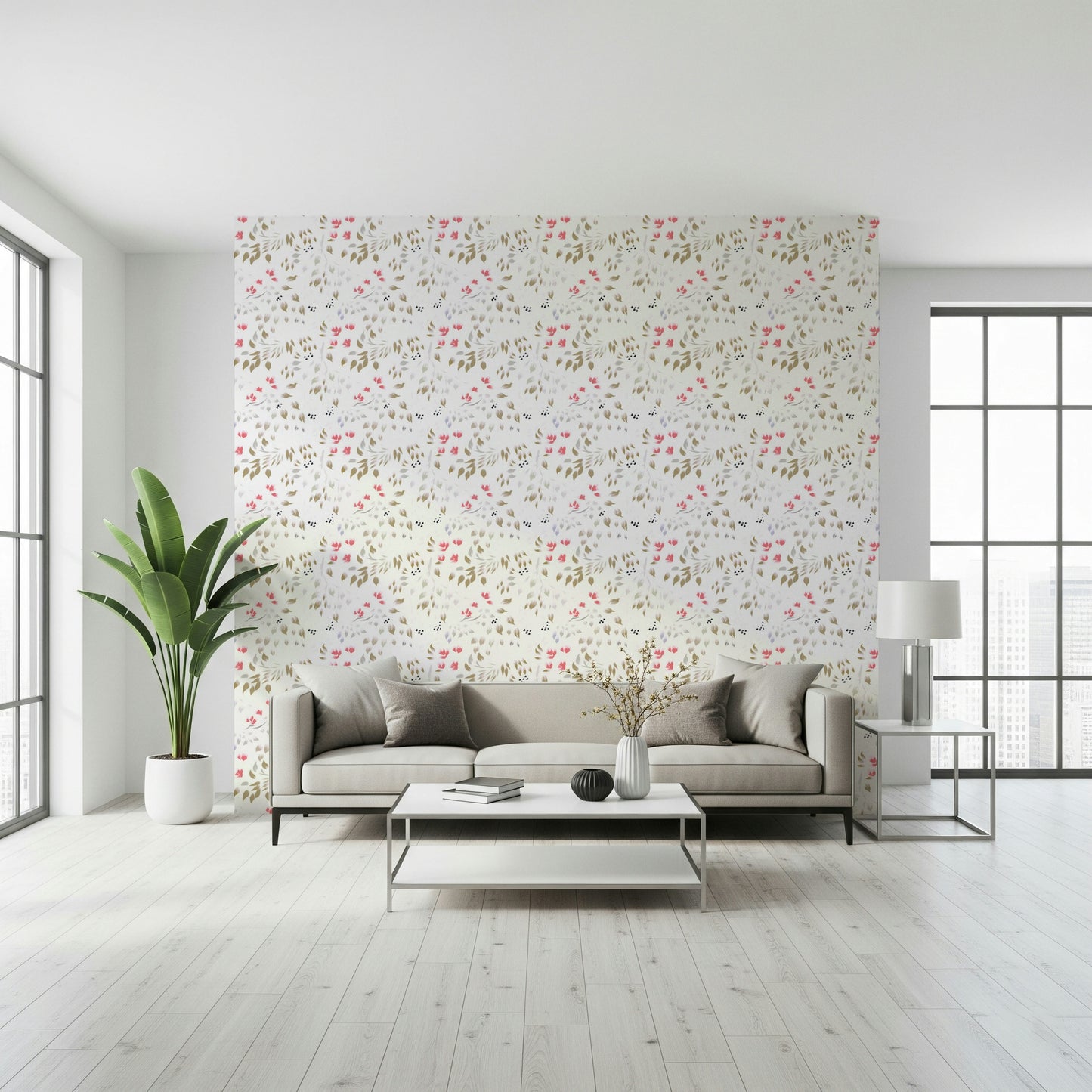 Home office interior highlighted by the bold Painterly Petals Wallpaper.