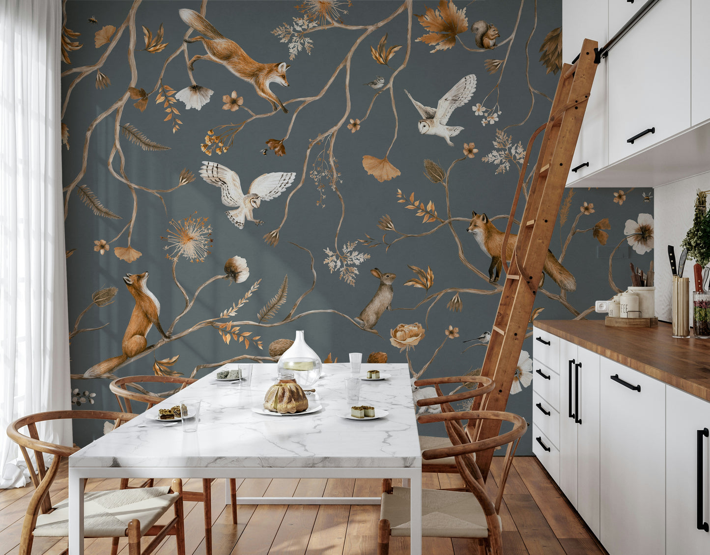 Storybook forest scene on the Enchanted Woodland Tales Wall Mural.