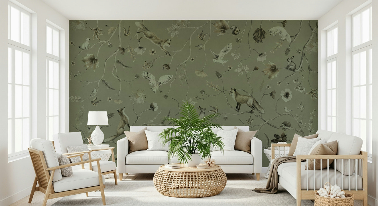 Watercolor trees on the Woodland Whisper Wall Mural.