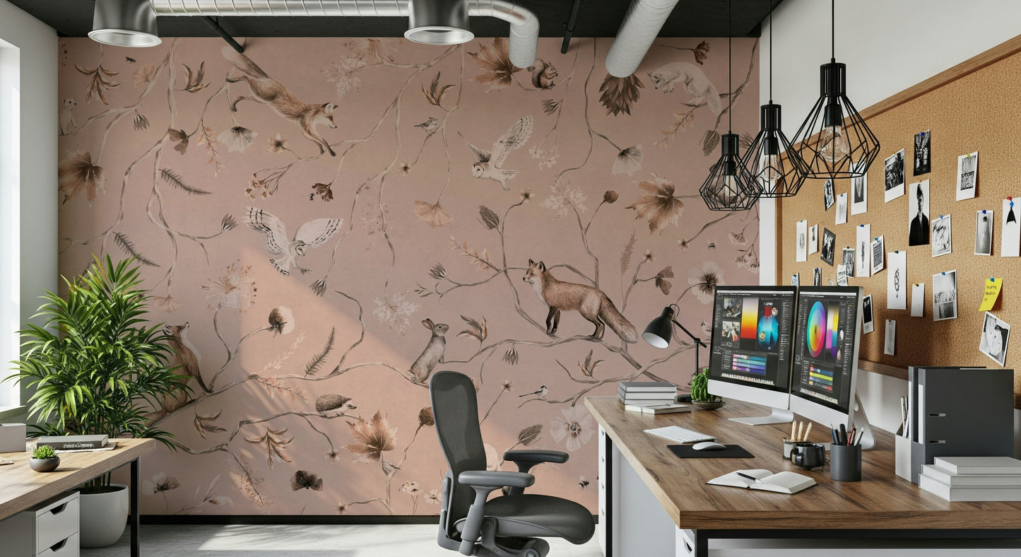 Forest animals theme in the charming Woodland Whisper Wall Mural.