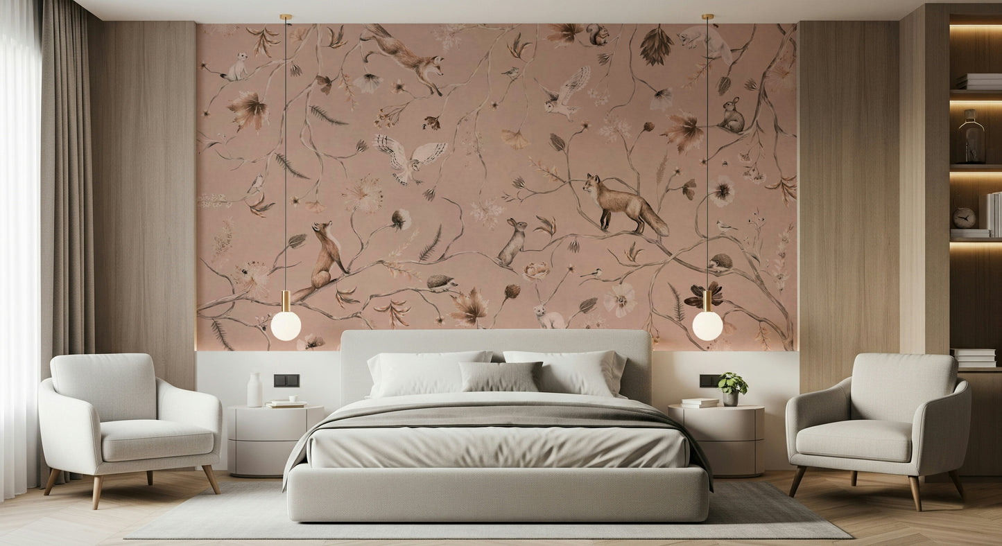 Headboard area featuring the gentle Woodland Whisper Wall Mural.