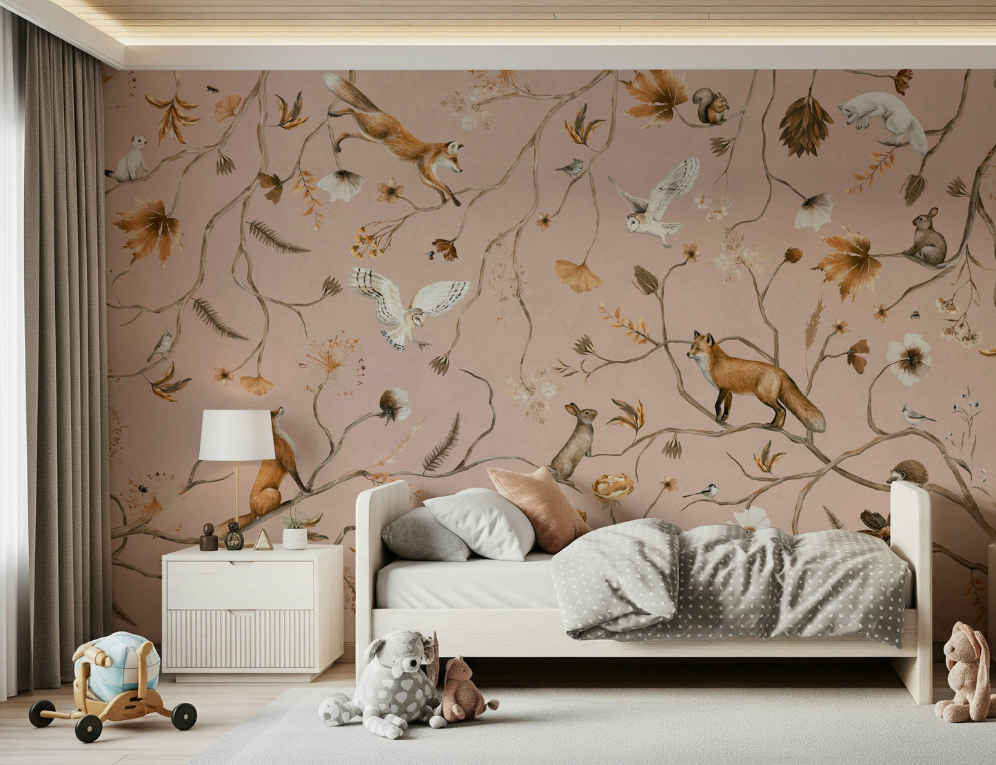 Horizontal segment of the dreamy Forest Friends Fable Wall Mural.