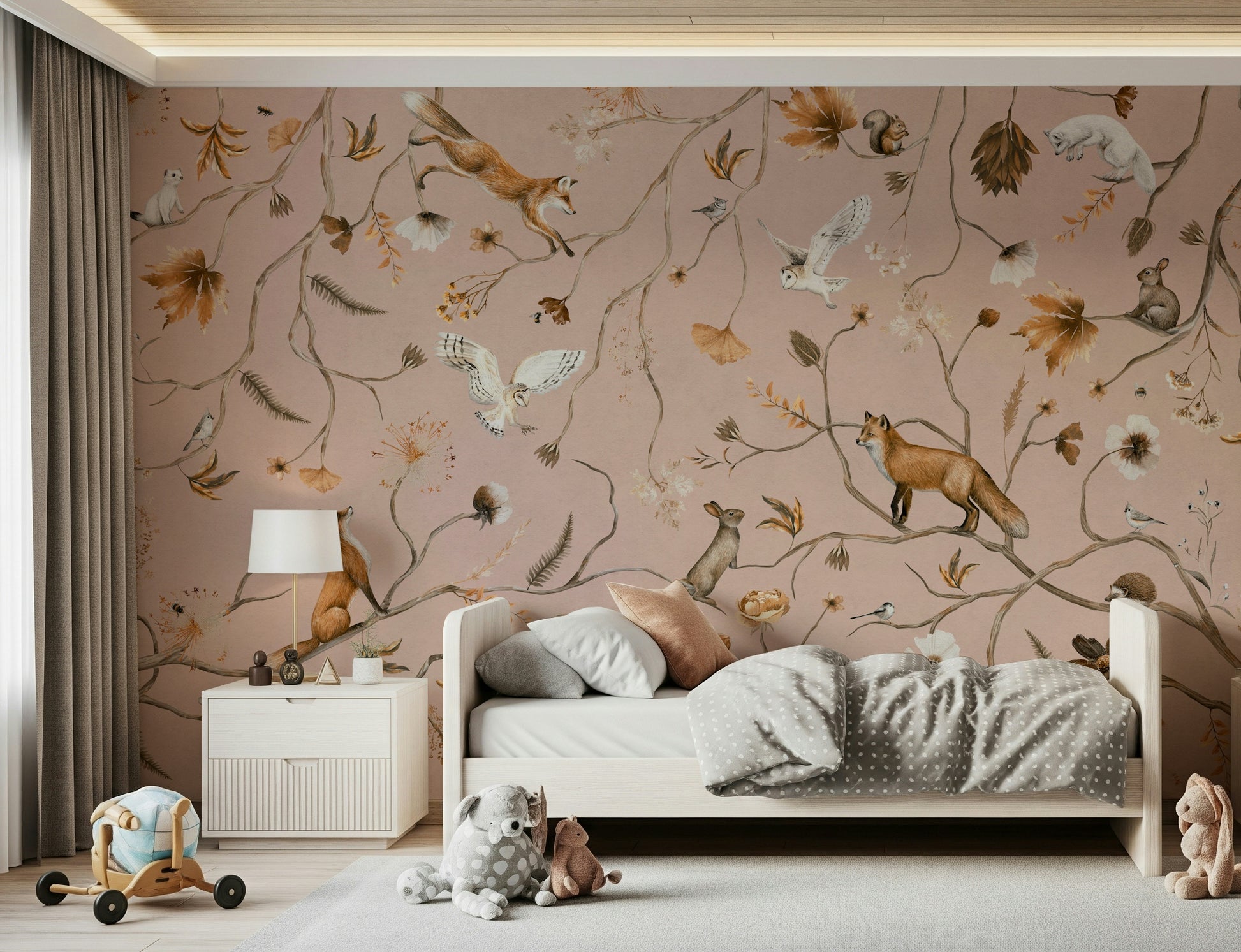 Horizontal segment of the dreamy Forest Friends Fable Wall Mural.