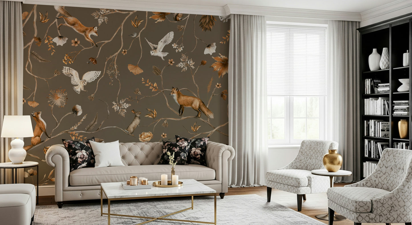 A reading nook enhanced by the soft, natural color palette of the Forest Friends Wall Mural.