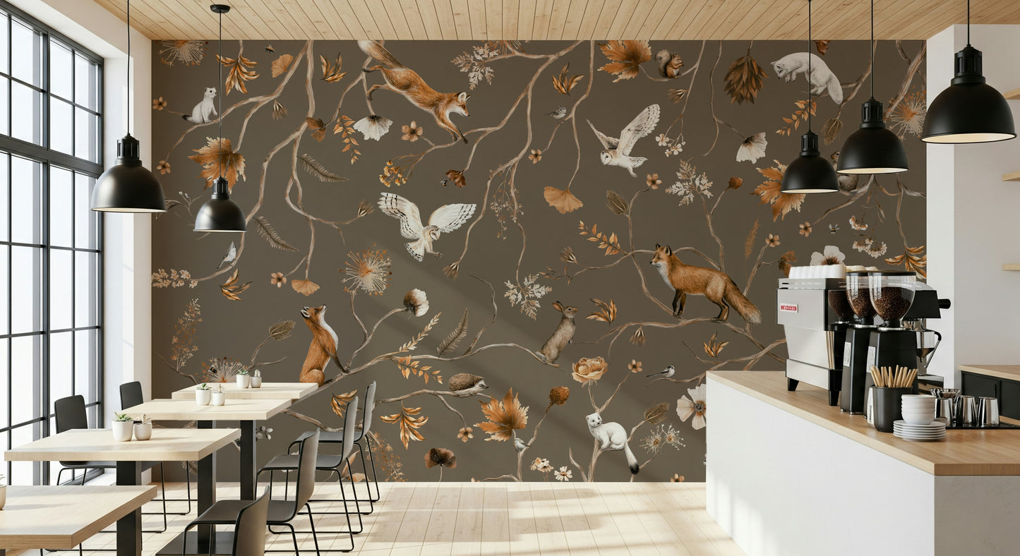 Detailed imagery of a sweet bunny nestled in the trees of the Forest Friends Wall Mural.