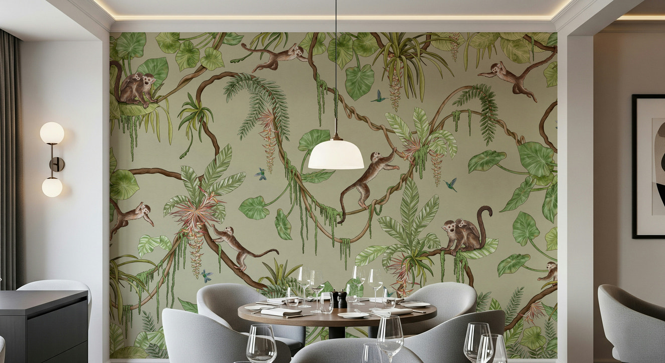 Jungle Jamboree Wall Mural in a bright, modern nursery room.