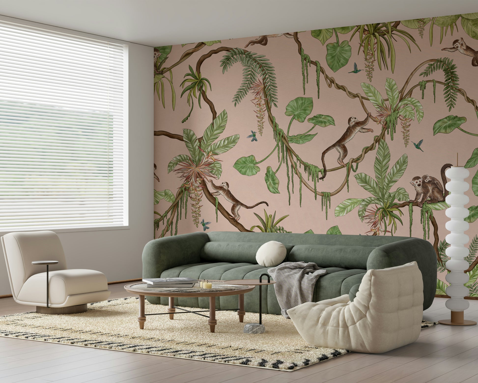 Monkey Business in Paradise wallpaper for walls behind seating.