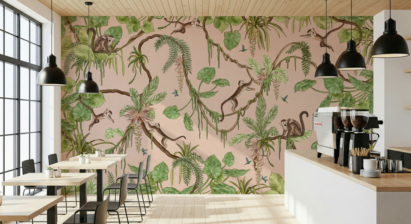 Bedroom wall featuring the lush Monkey Business in Paradise scene.