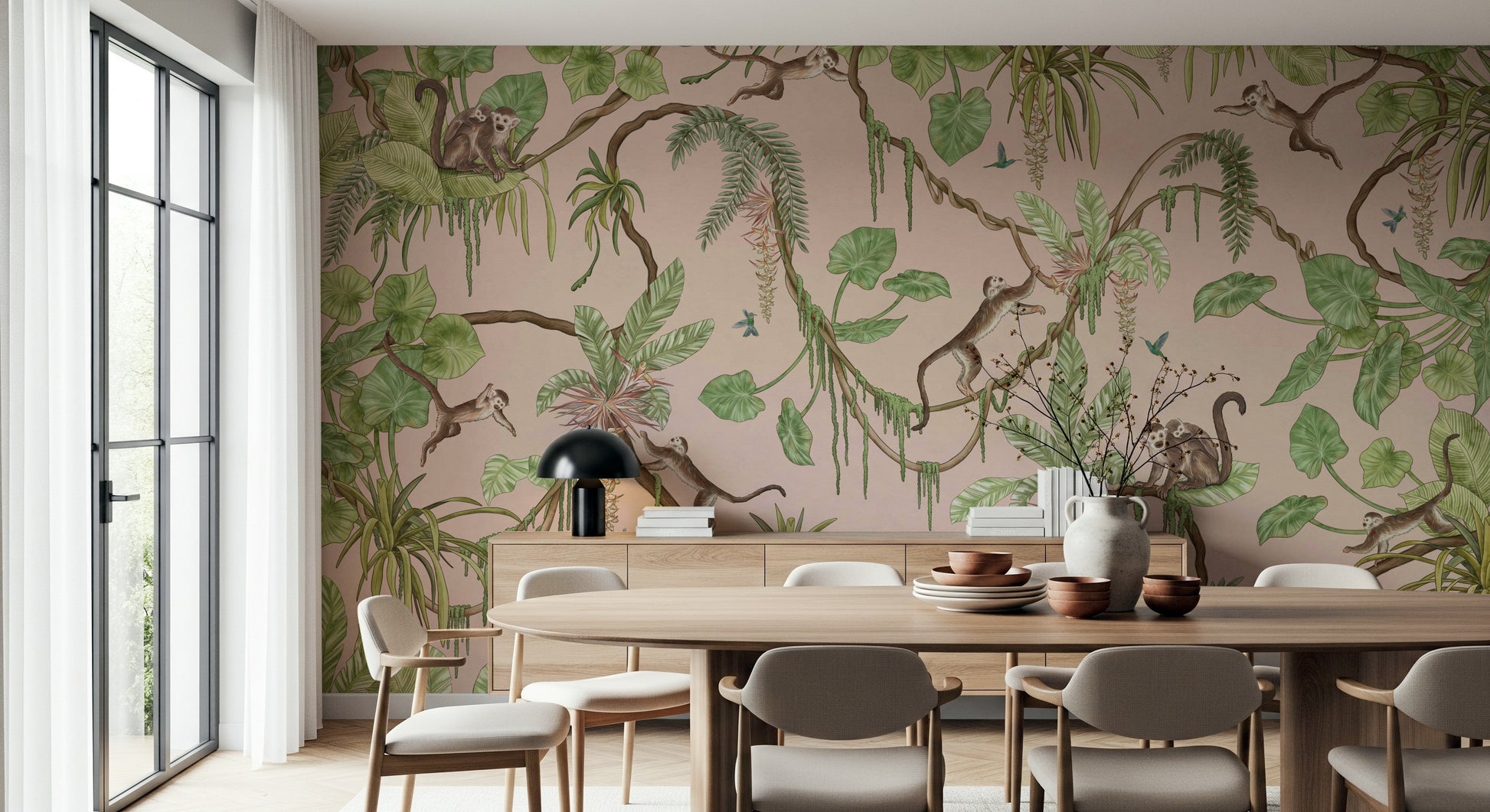 The tropical texture of the Monkey Business wallpaper mural.