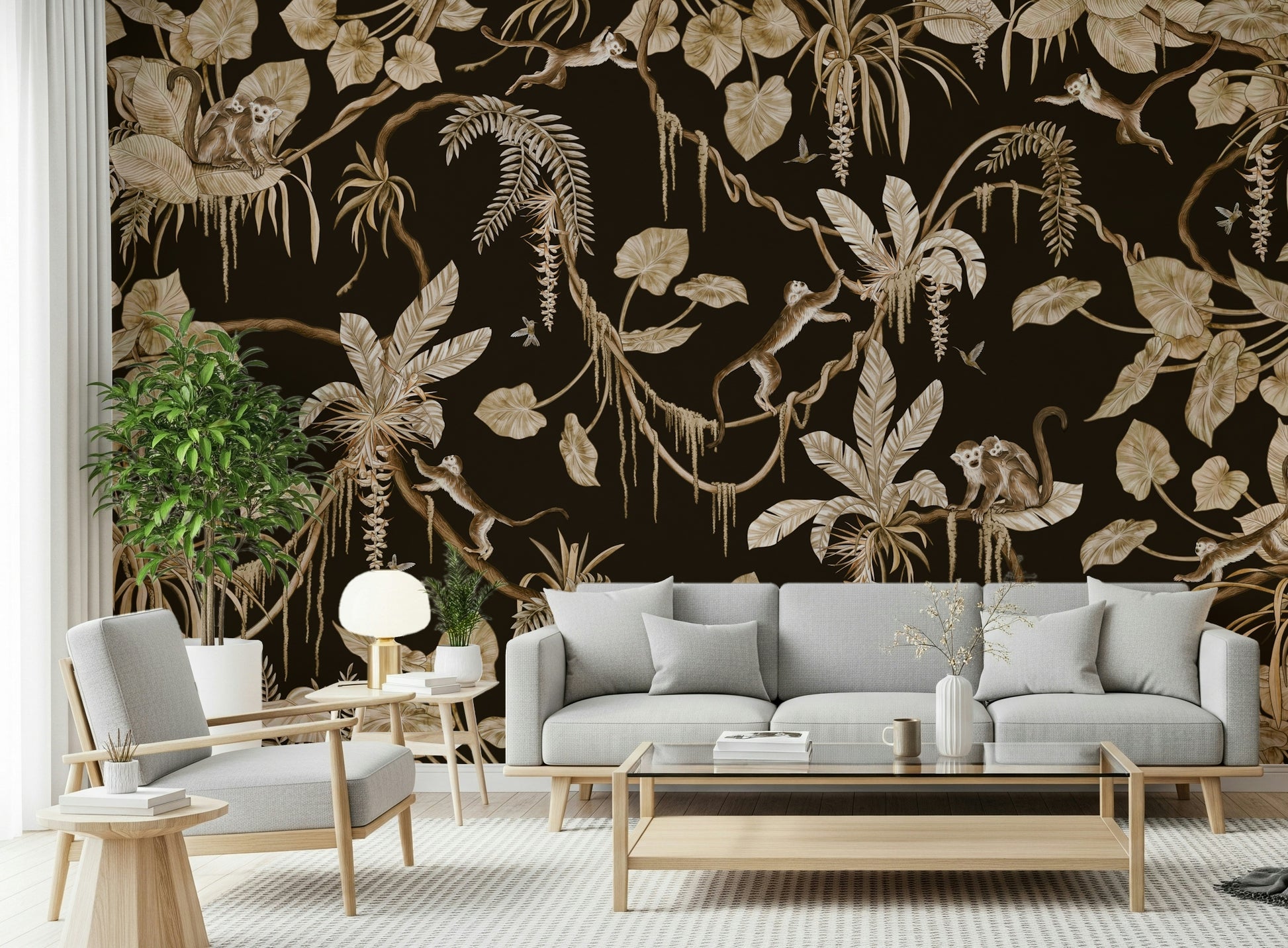 Stylish office accented by the Jungle Canopy wallpaper mural.