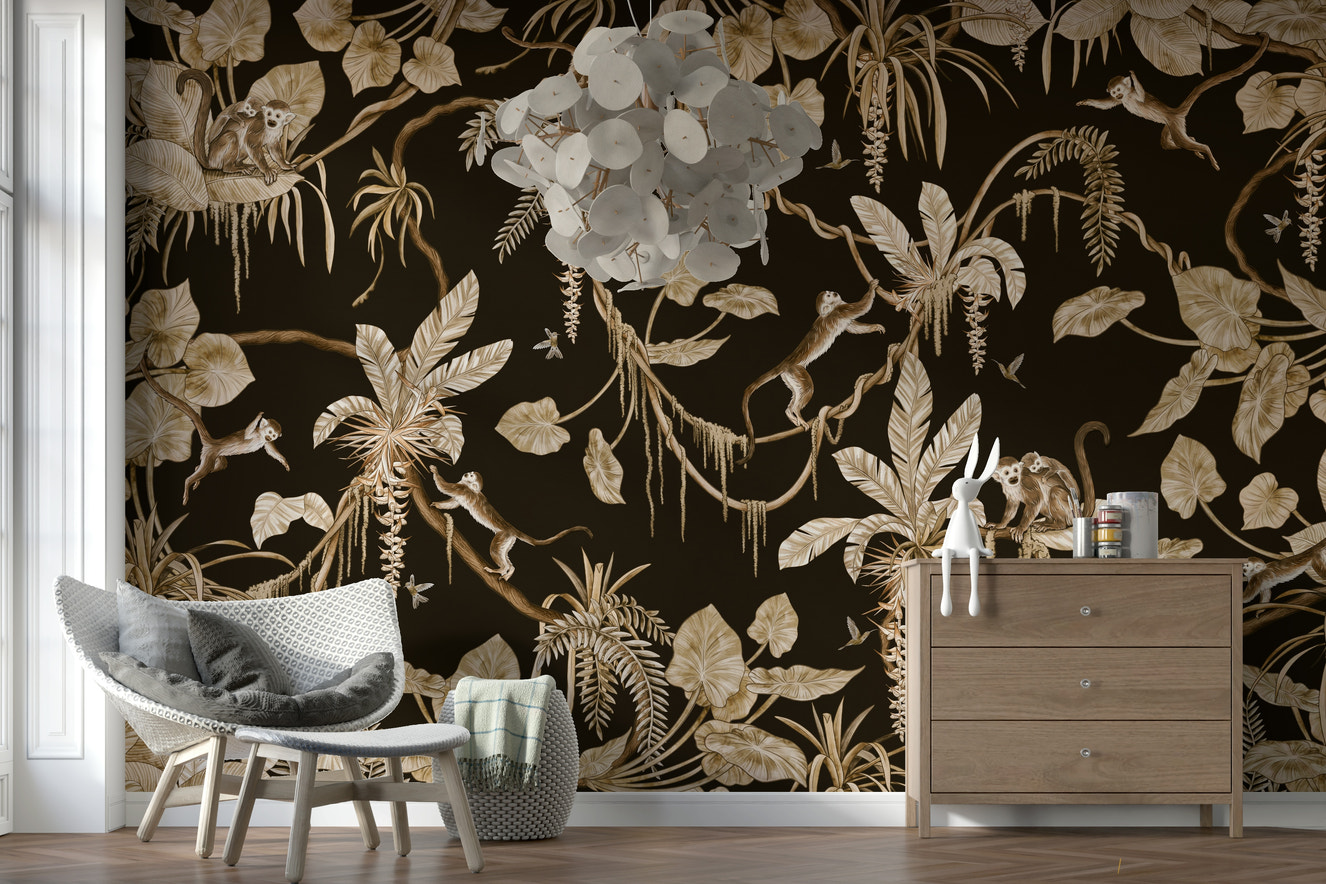 Jungle Canopy Wall Mural creates drama in a bedroom space.