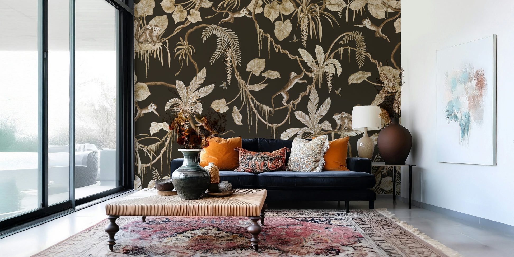 Jungle Canopy wallpaper for walls behind a display shelf.