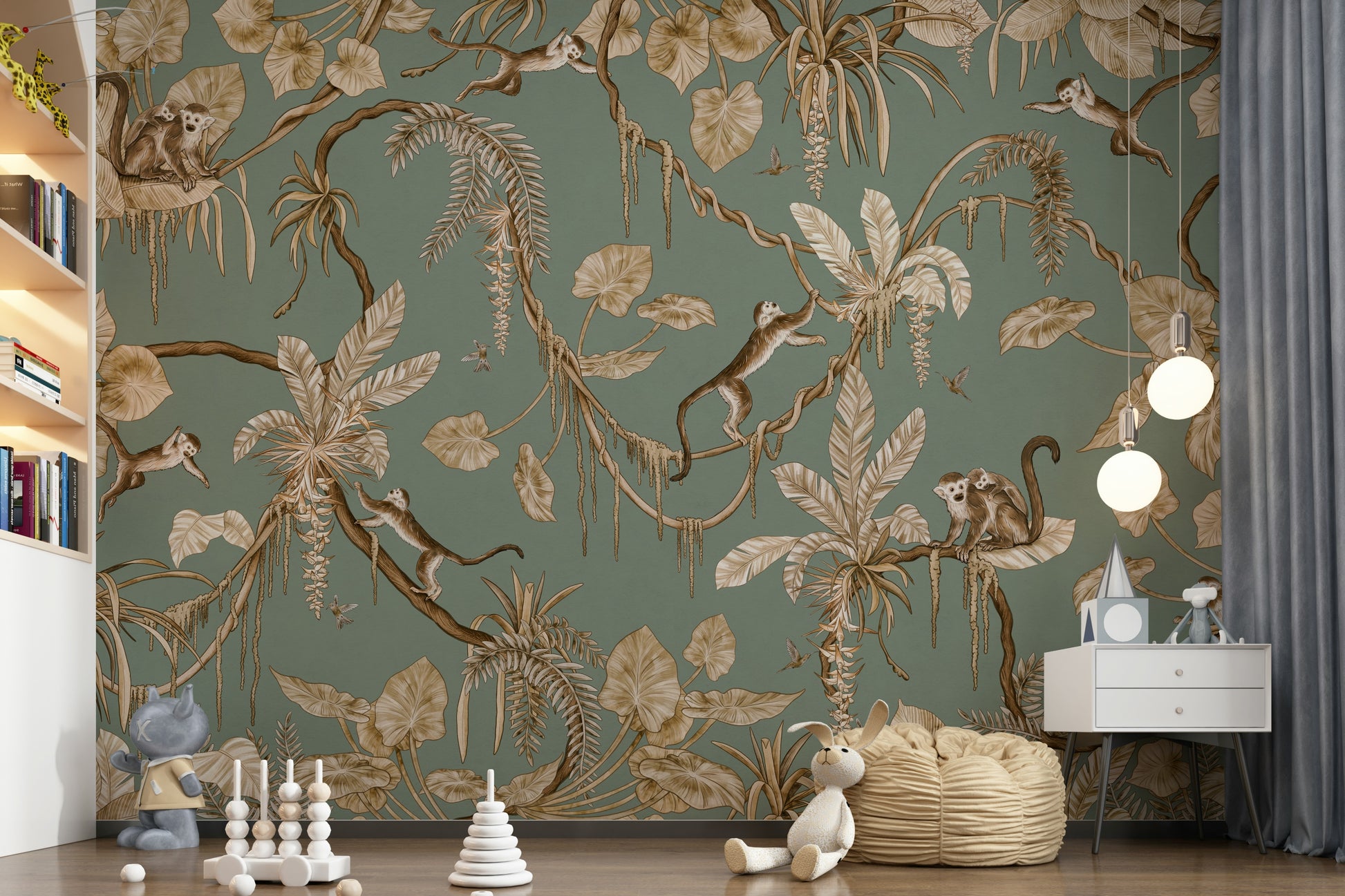 Wall accentuating furniture with the stunning Monkey Business Wallpaper Wall Mural.