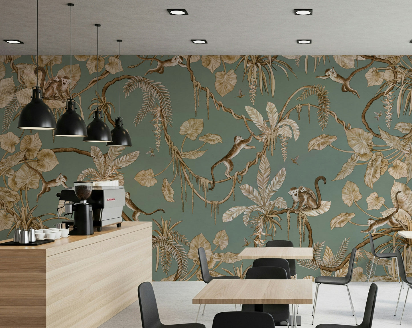 Stylish kitchen area featuring the Monkey Business Wallpaper Wall Mural.
