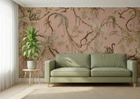 Tropical scene in blush tones of the Monkey Grove Blush Wall Mural.