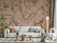 Stylized monkey design in the Monkey Grove Blush Wall Mural.
