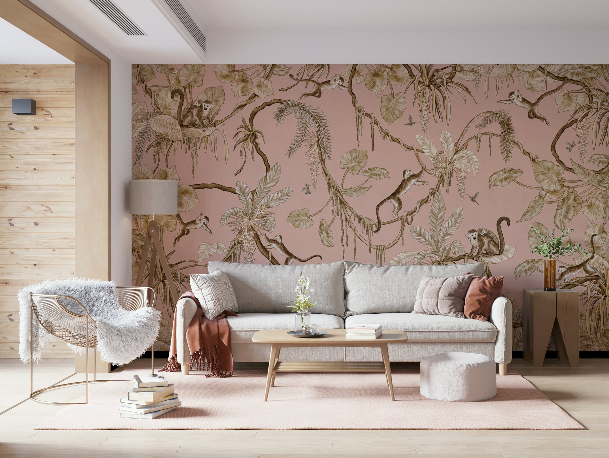 A reading library showcasing the Monkey Grove Blush Wall Mural.