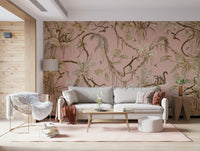 A reading library showcasing the Monkey Grove Blush Wall Mural.