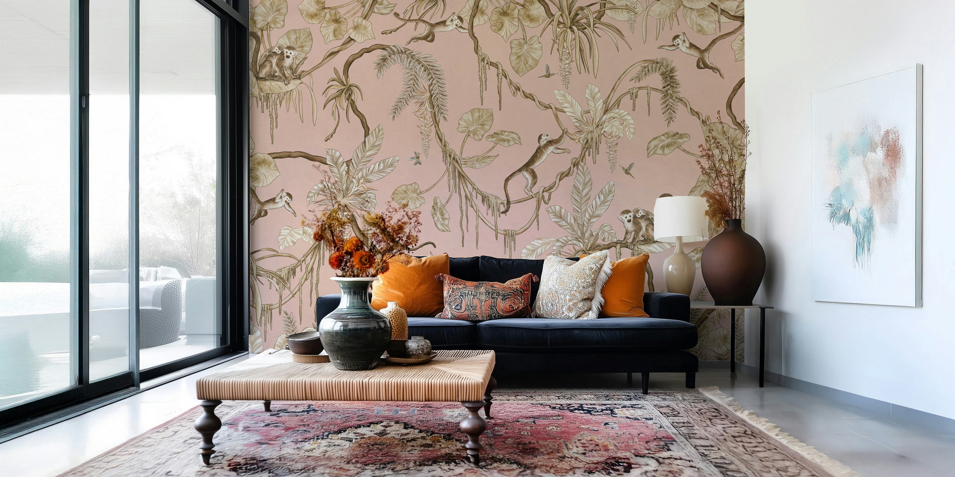 Wall above a dresser featuring the Monkey Grove Blush Wall Mural.